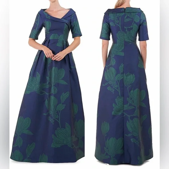Kay Unger Blue and Green Floral Dress - Picture 1 of 6